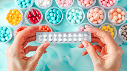 Obraz premium Hands holding blister pack of pills above array of colorful medications in small cups, emphasizing personalized medicine and diversity of treatment options in today's vibrant healthcare life