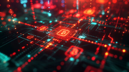 Obraz premium Digital circuit board illuminated with radiant glow, emphasizing iconic Bitcoin symbol. Concept for blockchain network or technology, virtual nature of cryptocurrency