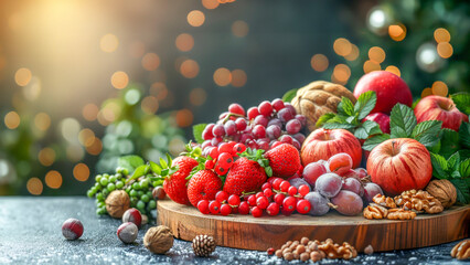 Vibrant display of nature's bounty with apples, berries, and nuts, promoting concept of clean...