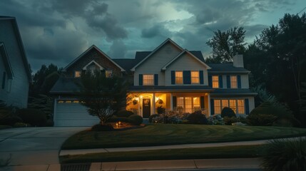 A stately suburban house illuminated warmly under the dark blue hues of the night sky creates a serene scene