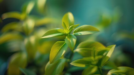 Gentle light bathes a lush green plant in a soft focus, conveying a sense of growth and serene natural beauty