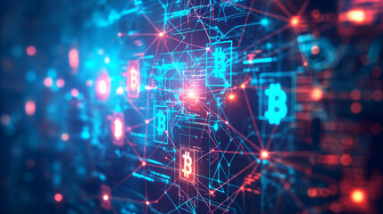 Obraz premium Illustration of digital cryptocurrency, Bitcoin. Multiple Bitcoin symbols illuminated in vibrant blue hue, interconnected by lines and dots symbolized blockchain technology, digital currency