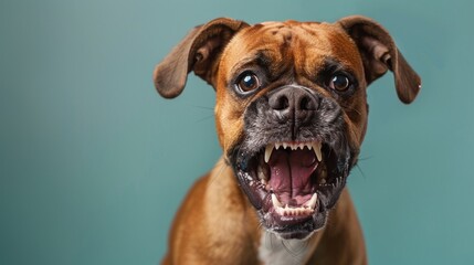 Obraz premium Boxer, angry dog baring its teeth, studio lighting pastel background