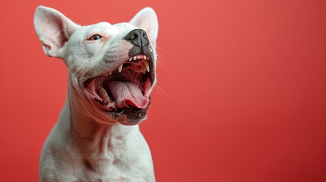 Bull Terrier, angry dog baring its teeth, studio lighting pastel background