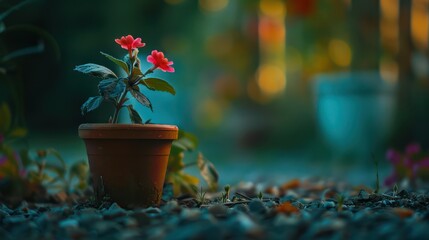 A red flower with lush green leaves stands out in a clay pot, surrounded by a pebble ground - Powered by Adobe
