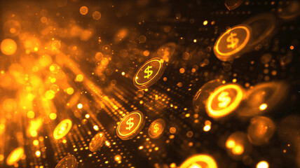 Obraz premium Dynamic and abstract representation of digital currency, golden dollar symbols illuminated and floating amidst backdrop of radiant light beams and bokeh effect, ideal for financial theme as background