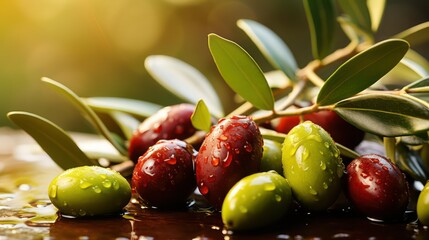 Fresh olives with leaves and drops of water on a wooden table