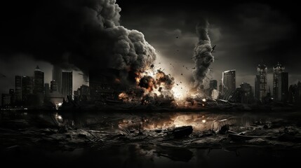 Conceptual image of disaster with burning buildings and skyscrapers