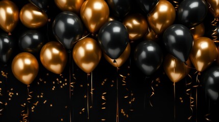 Golden and black balloons with confetti on black background.