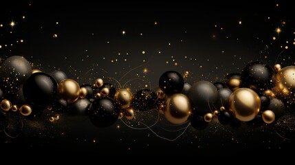 Black and gold christmas balls on black background.