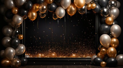 Black and gold balloons decorate in circle form with confetti on black background.