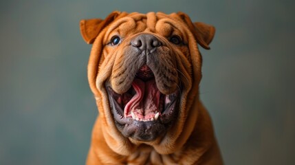 Chinese Shar-Pei, angry dog baring its teeth, studio lighting pastel background