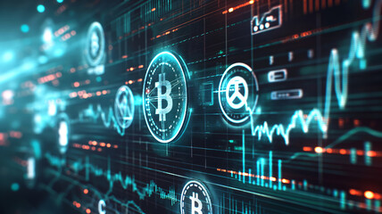Dynamic and intricate digital display of cryptocurrency symbols, including Bitcoin, with various graphs and data visualizations illuminating in background, concept for trading or financial markets