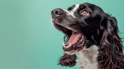English Springer Spaniel, angry dog baring its teeth, studio lighting pastel background