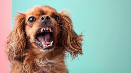 English Toy Spaniel, angry dog baring its teeth, studio lighting pastel background