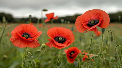 Red poppies field. symbol of remembrance and sacrifice on anzac day, floral landscape for tribute