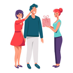 Illustration of a Giving a Gift two women and man friends in white background