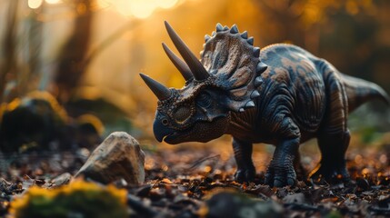 A close-up shot of a detailed Triceratops dinosaur toy in a natural forest setting during sunset, invoking a prehistoric ambiance