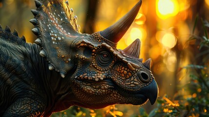 An exquisitely detailed close-up of a Triceratops dinosaur toy with a warm sun glare highlighting...