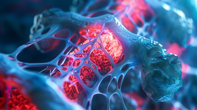 Medical presentation slide of bone inflammation pathways highlighted in red on dark blue, close-up