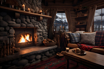 living room fireplace stone wall cabin, stone wall cabin iving room bonfire, fireplace in livingroom stone wall house cozy  vibe int6erior