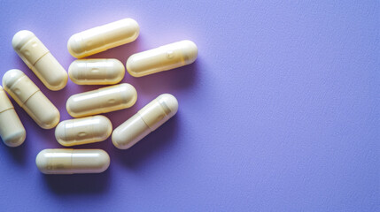 Top-down view of pills on a purple backdrop, showcasing