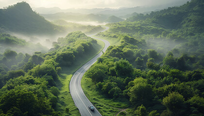 Aerial drone shot of car leading curved asphalt road among the juicy rainforest and green hills covered with morning fogs somewhere in East Asia. Beauty of Nature and transportation concept image. - Powered by Adobe