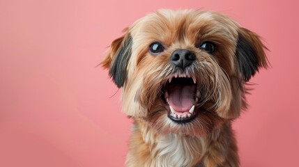 Lhasa Apso, angry dog baring its teeth, studio lighting pastel background