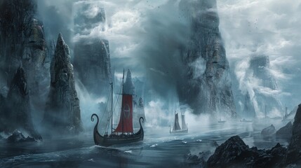 Viking ships in foggy mystical sea landscape