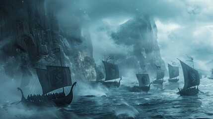 Viking ships in foggy mystical sea landscape