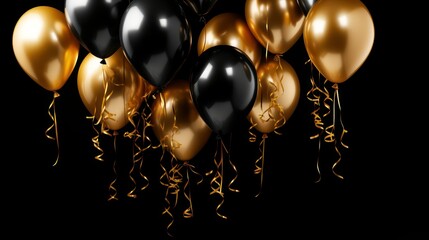 Black and gold balloons with ribbons on black background