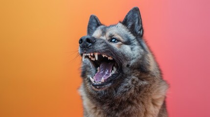 Norwegian Elkhound, angry dog baring its teeth, studio lighting pastel background - Powered by Adobe