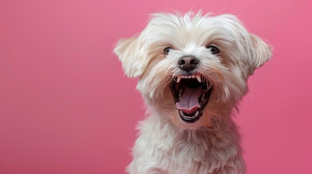 Maltese, angry dog baring its teeth, studio lighting pastel background