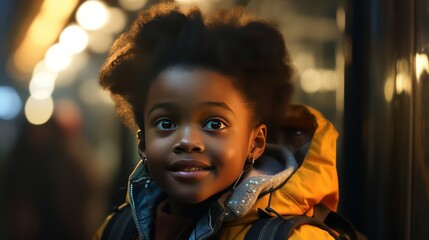 Little african american girl with backpack looking at camera in city