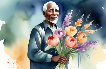 a black man, smiling, holding a bouquet of flowers in his hands. A man gives a bouquet of flowers to all the women.