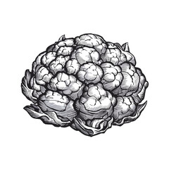 Cauliflower vector pencil ink sketch drawing, black and white, monochrome engraving style