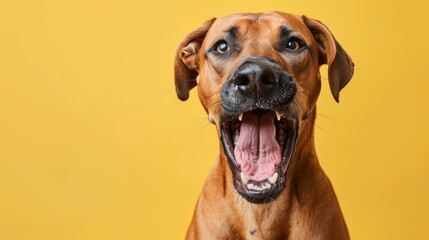 Obraz premium Rhodesian Ridgeback, angry dog baring its teeth, studio lighting pastel background