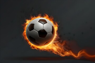 dynamic picture of a soccer ball burning brightly, standing up against the smoke-filled, dark background
