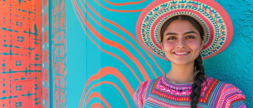Portrait of a Mexican young woman in traditional clothing and hat walking on the street, surrounded by a colorful fiesta celebrating Cinco de Mayo, with copy space