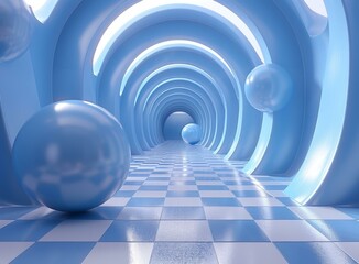 Obraz premium Blue and white checkered floor tunnel with blue spheres