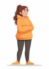 Illustration of a young woman with brown hair in a yellow hoodie looking away