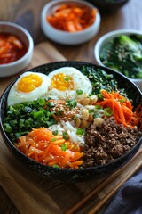 Korean Food Bibimbap with Rice, Beef, Egg and Vegetables