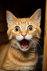 A ginger cat with wide open mouth and round eyes