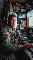 A soldier sits in a dark room and looks at a computer screen.