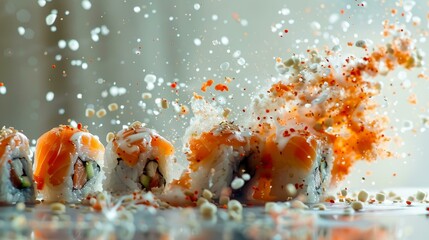 Sushi with flying ingredients