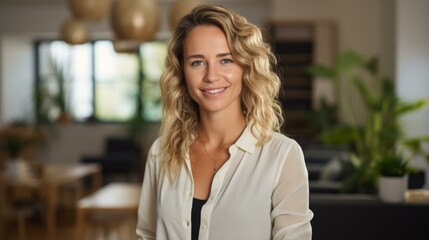 Obraz premium Portrait of a young woman with blond hair and blue eyes smiling wearing a white blouse