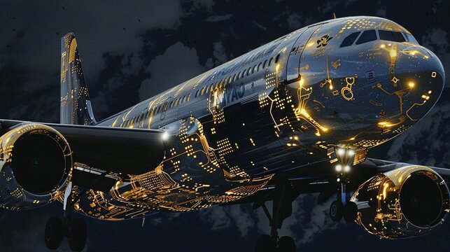 An airplane transformed into a digital twin, with microchip circuitry and neon light elements highlighting its advanced technology