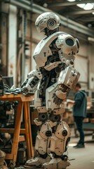 A humanoid robot stands in a workshop with a human worker in the background