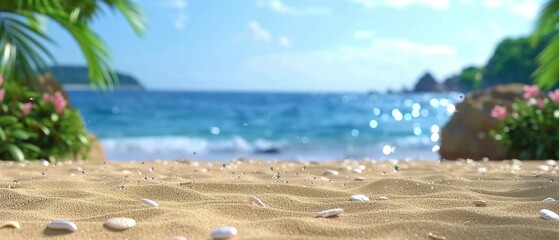 Luminous beach scene, with sparkling sand, defocused palm leaves gently moving, and the ocean glittering in the background