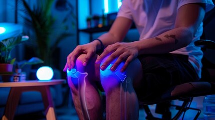 Obraz premium A mans hands massaging his knee joint, using gentle strokes to ease the pain and stiffness